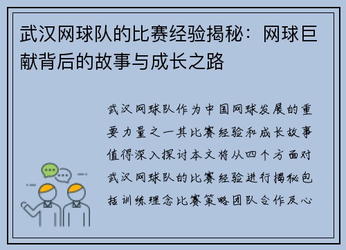 武汉网球队的比赛经验揭秘：网球巨献背后的故事与成长之路